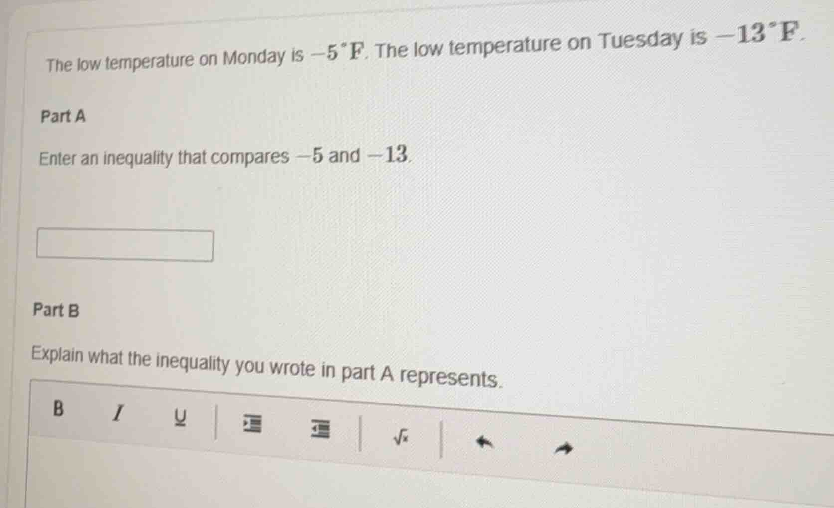 the low temperature on monday is $-5^{circ}\text{f}$. the low temperatu…