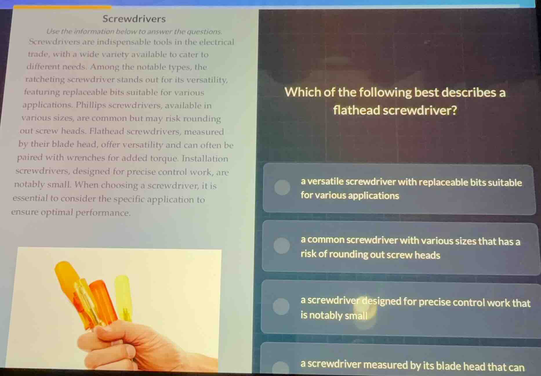 screwdrivers use the information below to answer the questions. screwdr…