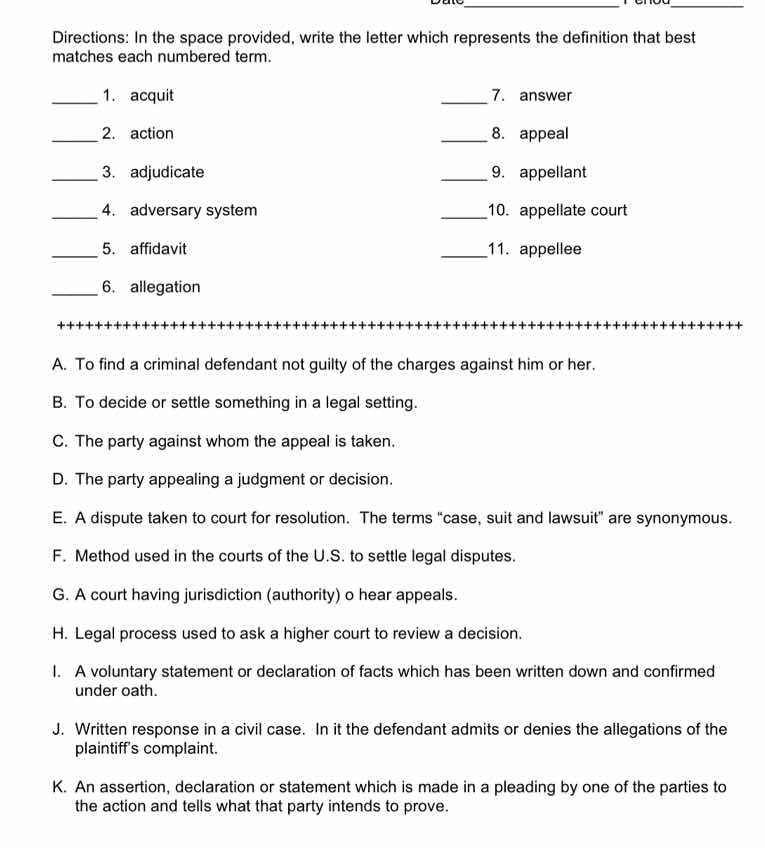 directions: in the space provided, write the letter which represents th…