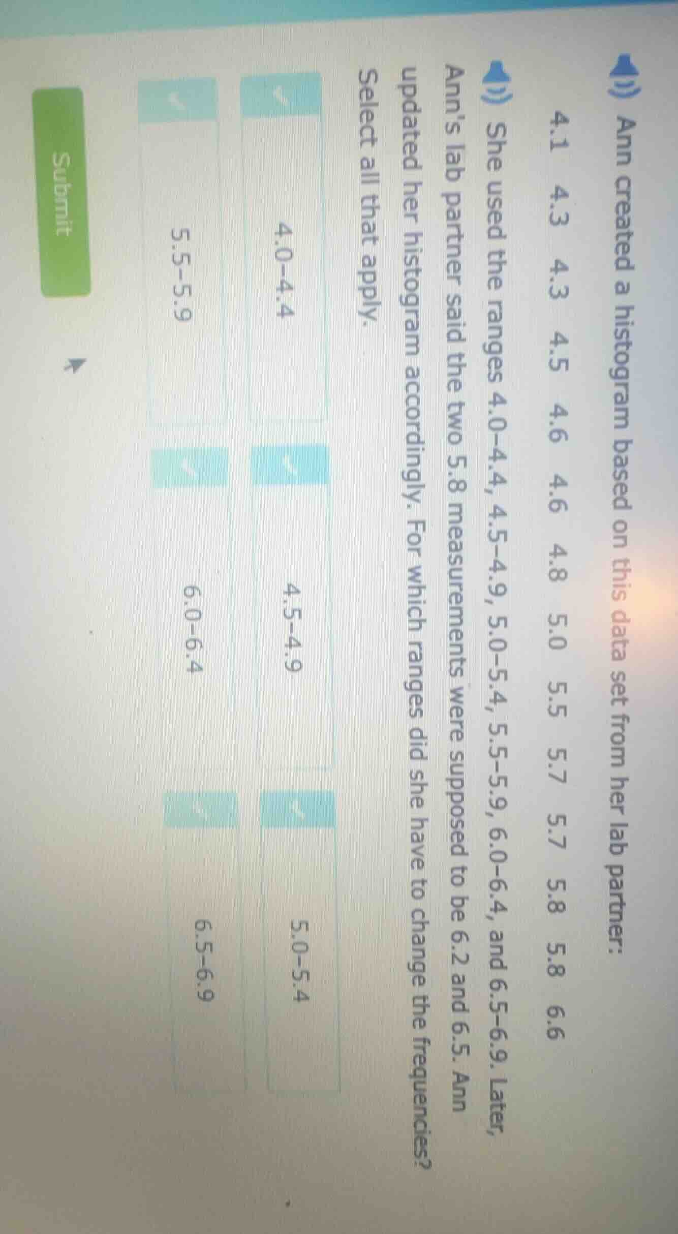 ann created a histogram based on this data set from her lab partner: 4.…