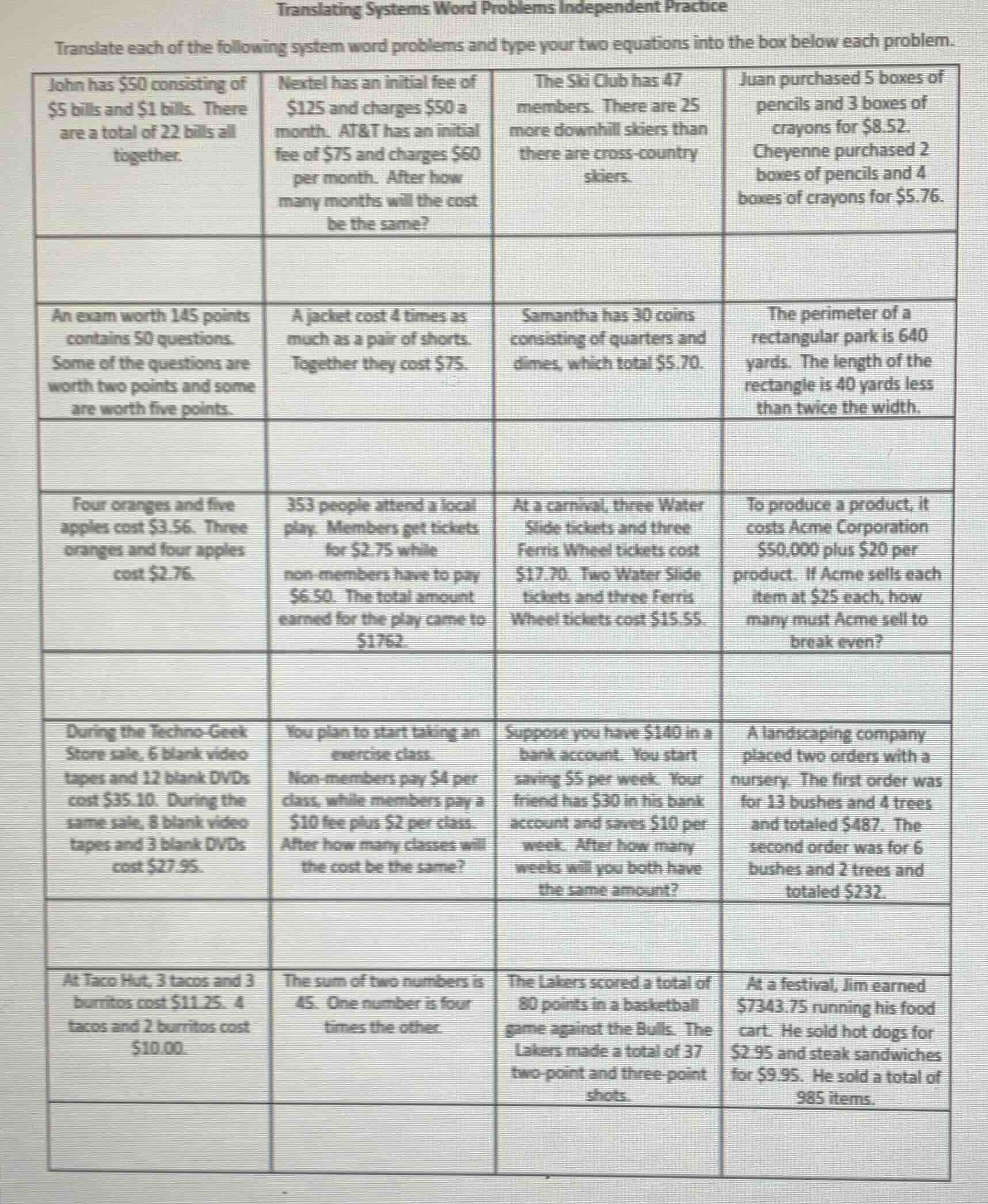 translating systems word problems independent practice translate each o…