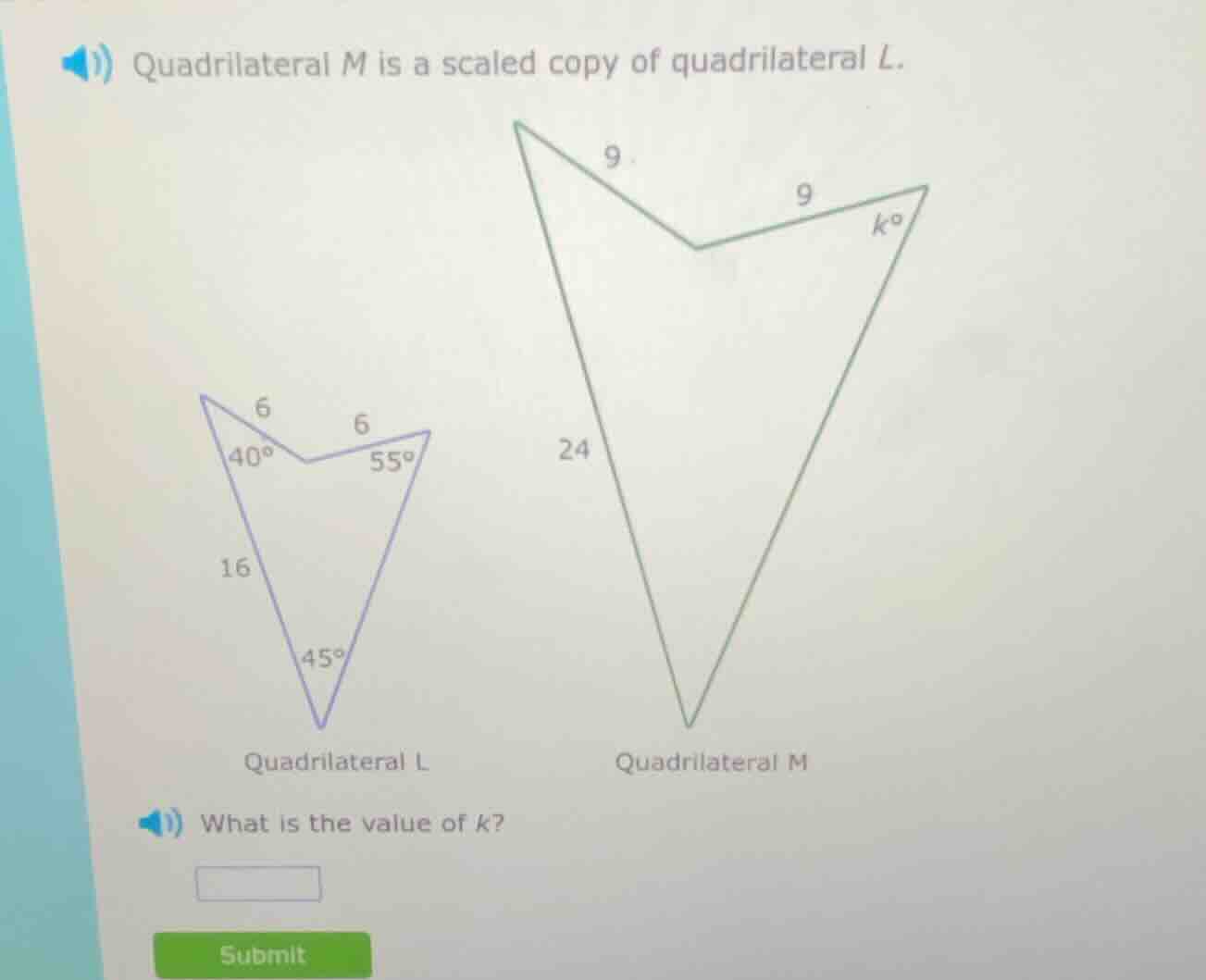 quadrilateral m is a scaled copy of quadrilateral l. quadrilateral l ha…