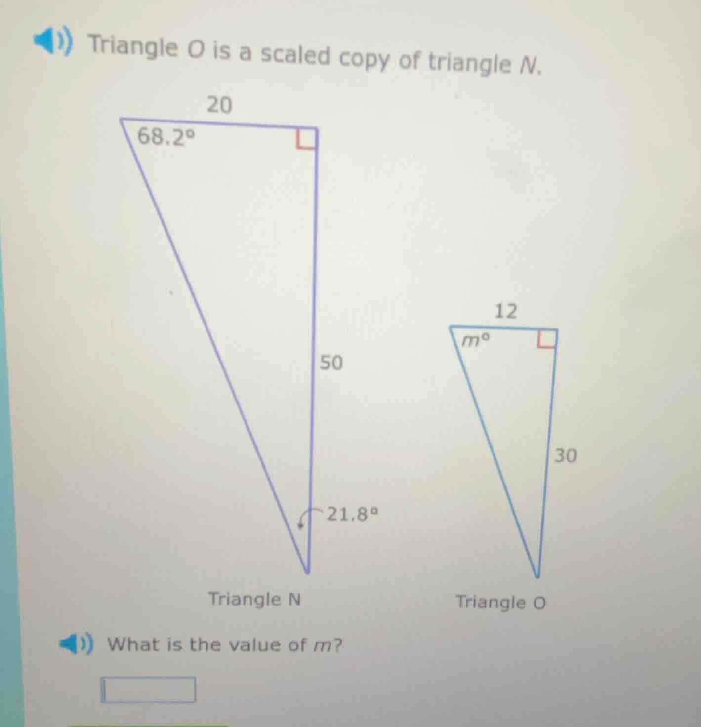 triangle o is a scaled copy of triangle n. what is the value of m?
