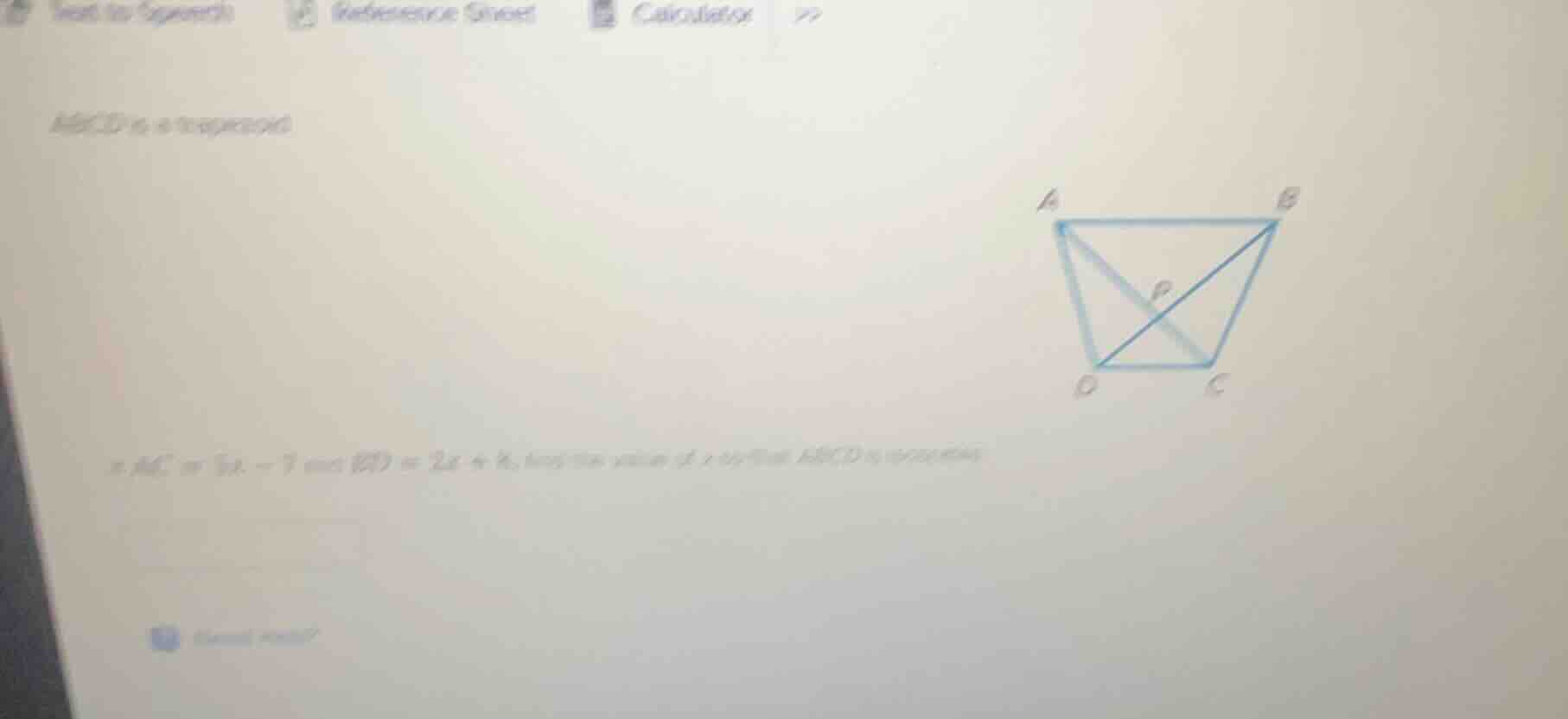 abcd is a trapezoid. if ac = 5x - 7 and bd = 2x + 8, find the value of …