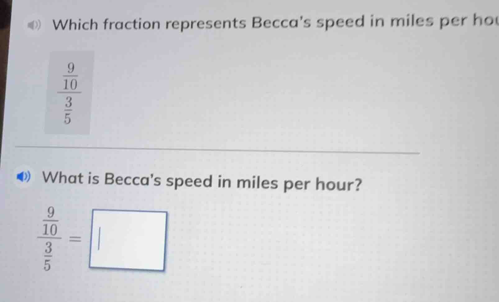 which fraction represents becca’s speed in miles per hou \\(\frac{\frac…