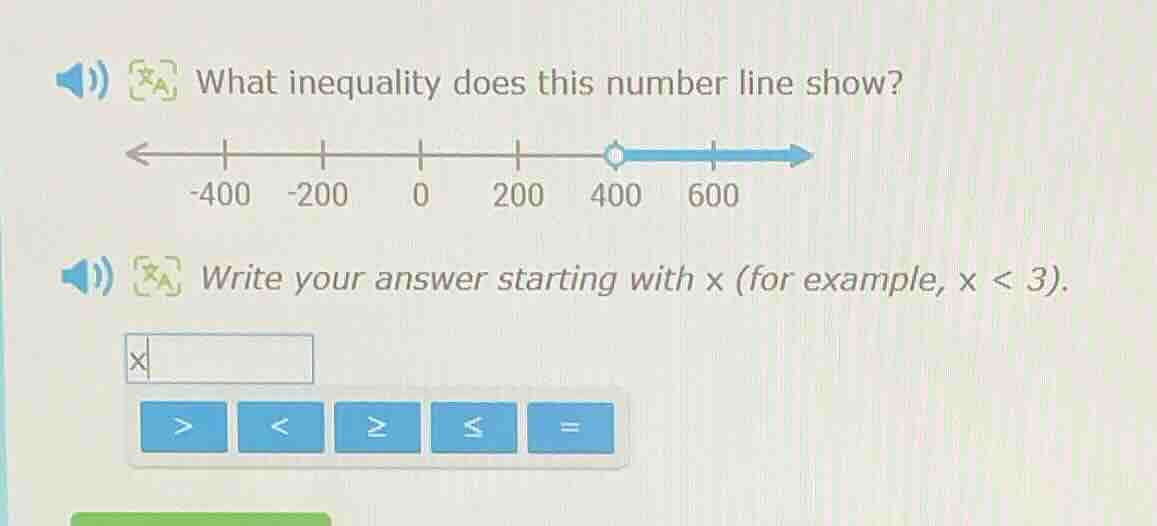 what inequality does this number line show? -400 -200 0 200 400 600 wri…