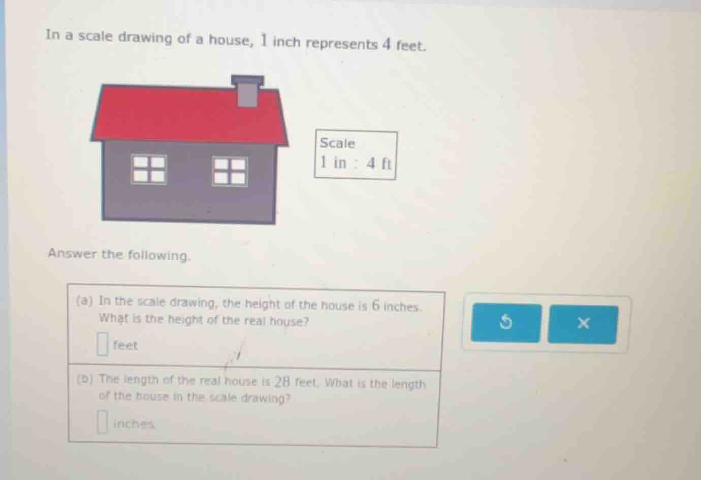 in a scale drawing of a house, 1 inch represents 4 feet. scale 1 in : 4…