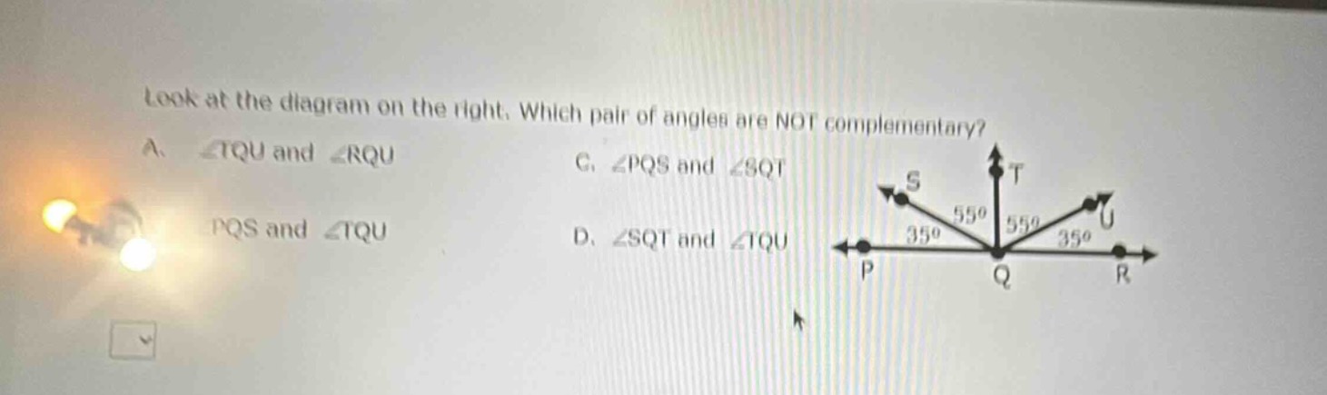look at the diagram on the right. which pair of angles are not compleme…