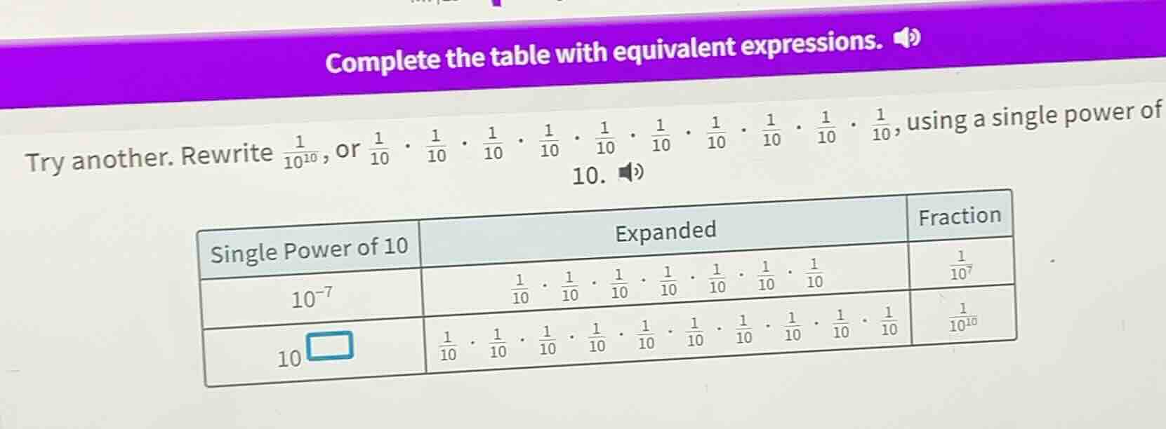complete the table with equivalent expressions. try another. rewrite \\…