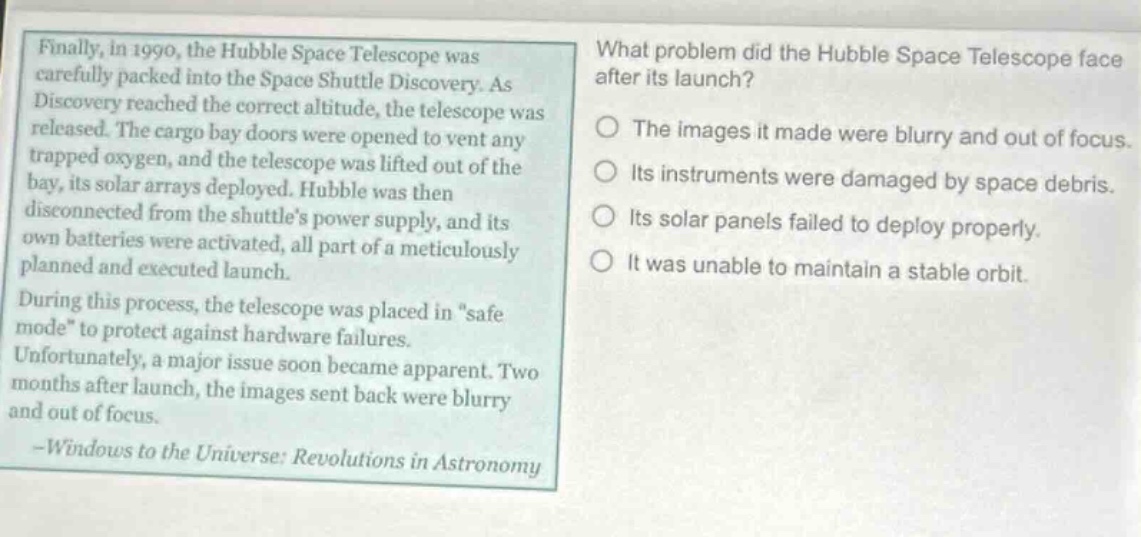 finally, in 1990, the hubble space telescope was carefully packed into …