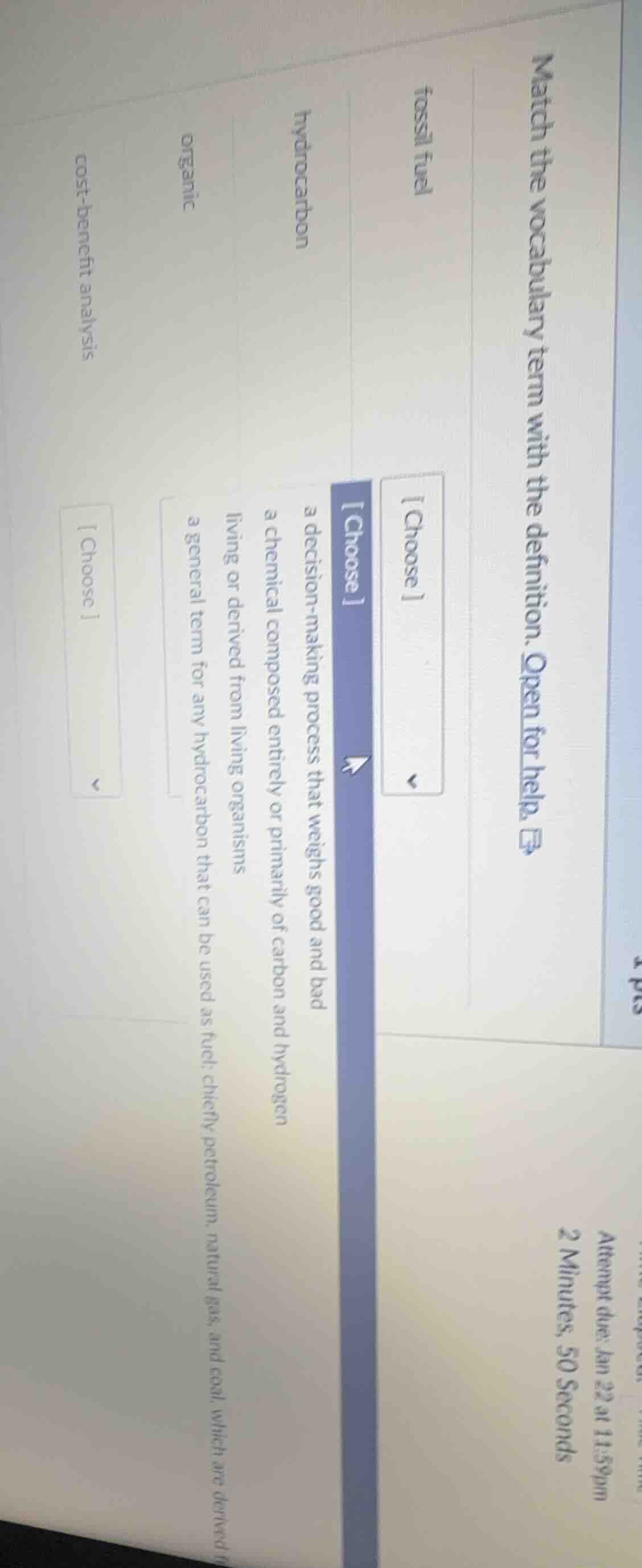 match the vocabulary term with the definition. open for help. fossil fu…