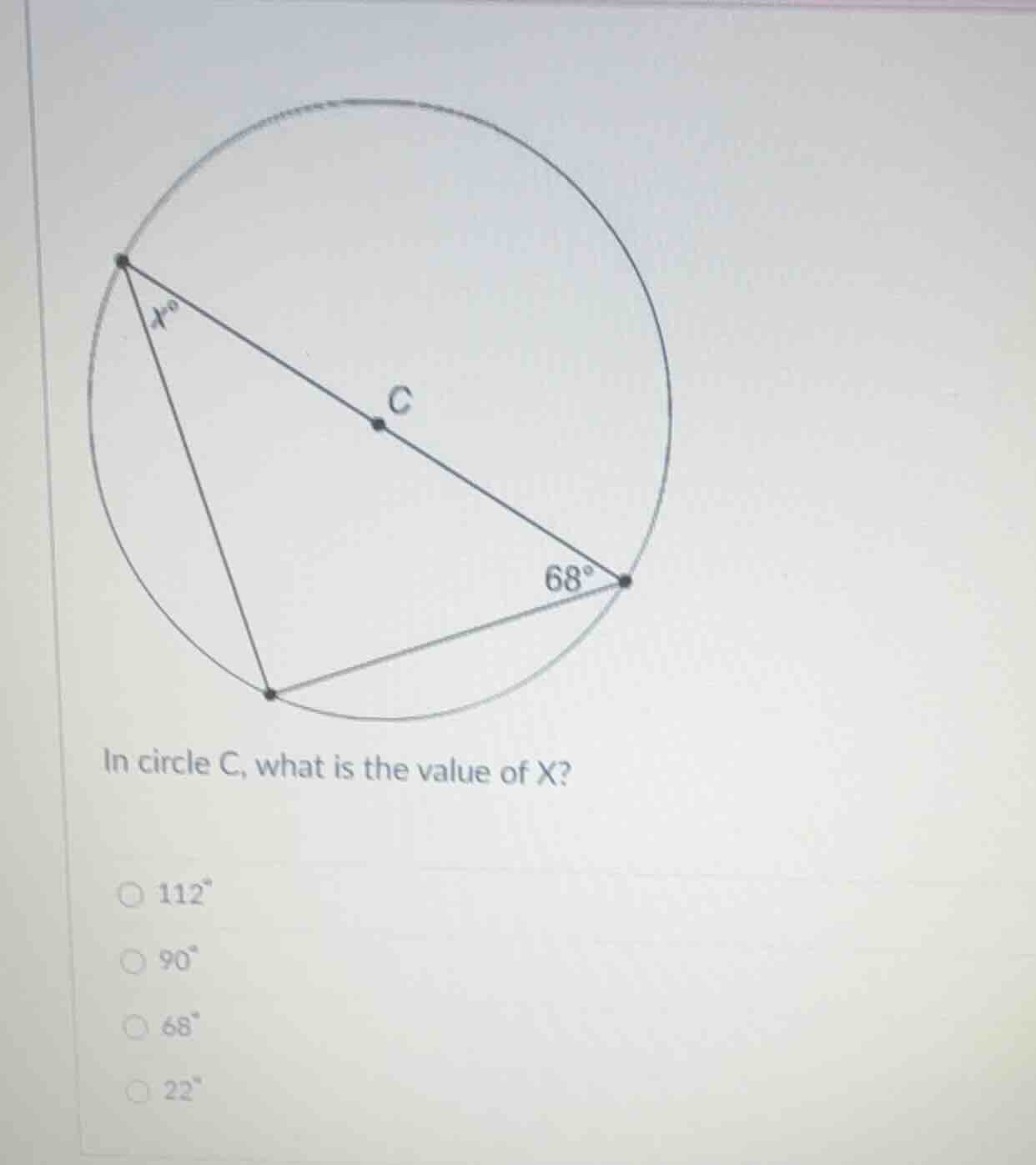 in circle c, what is the value of x? 112° 90° 68° 22°
