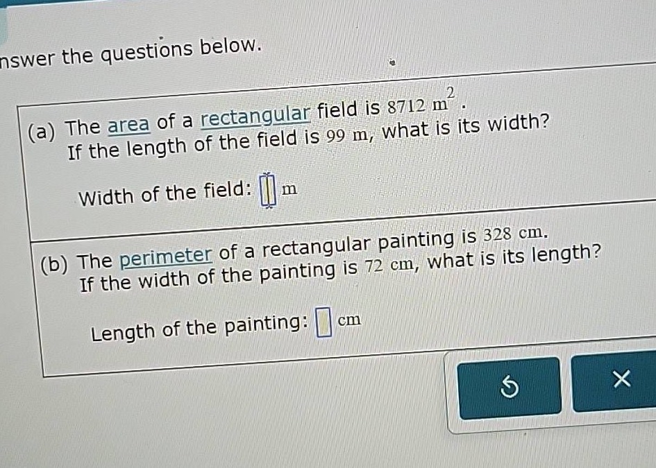 nswer the questions below. (a) the area of a rectangular field is 8712 …