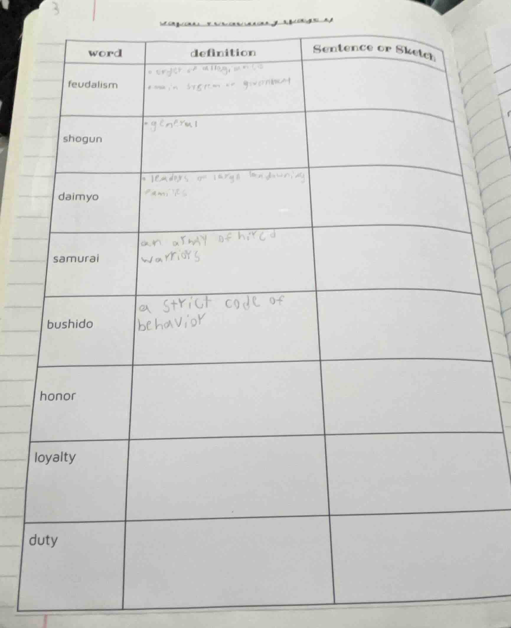 the table has three columns: word, definition, and sentence or sketch. …