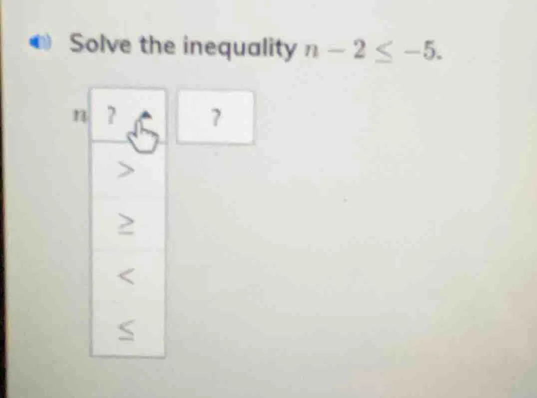 solve the inequality $n - 2 \\leq -5$.