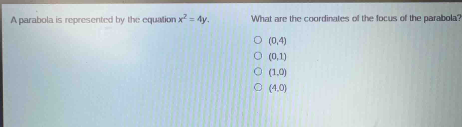 a parabola is represented by the equation $x^2 = 4y$. what are the coor…