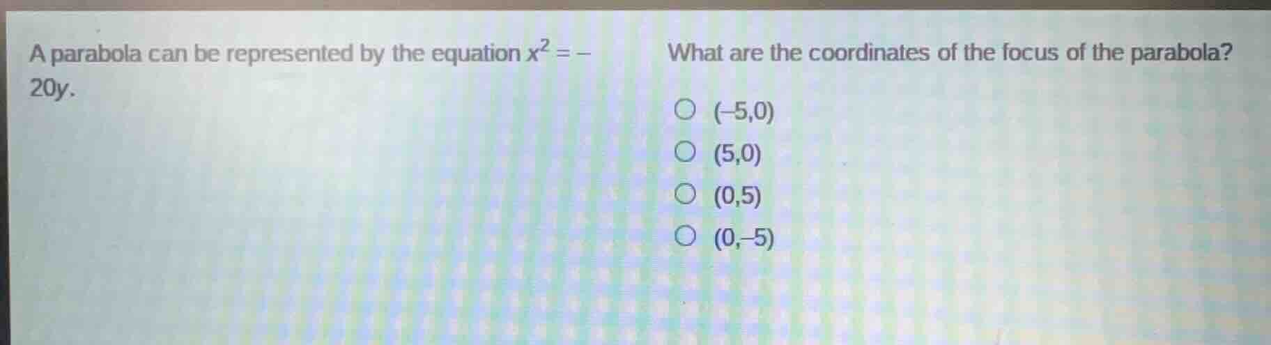 a parabola can be represented by the equation $x^2 = -20y$. what are th…