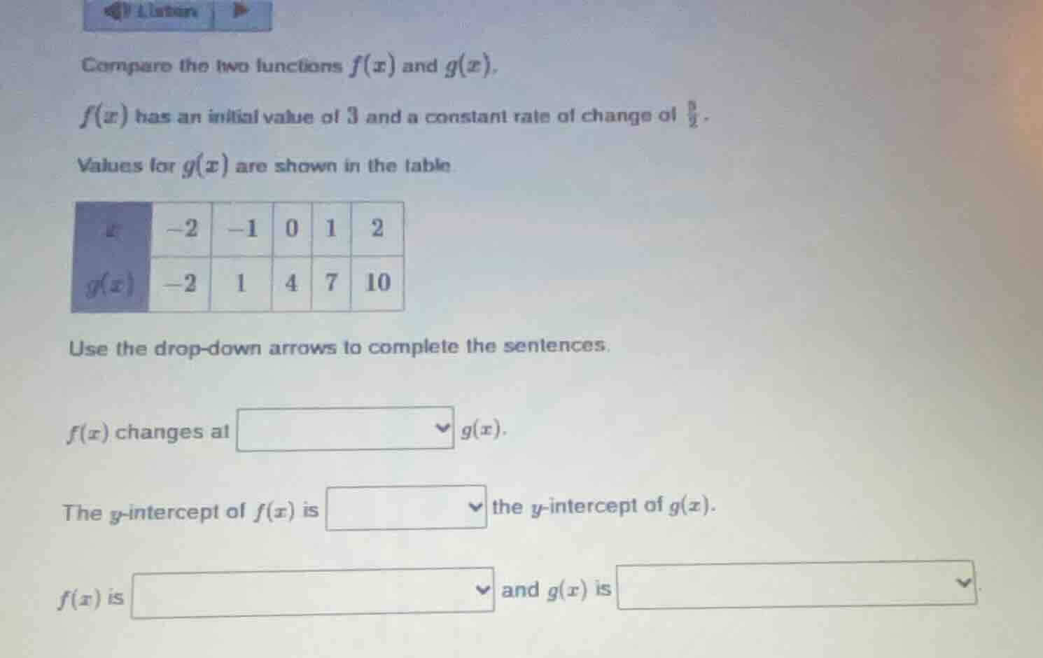 compare the two functions f(x) and g(x). f(x) has an initial value of 3…