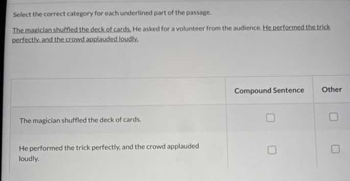 select the correct category for each underlined part of the passage. th…