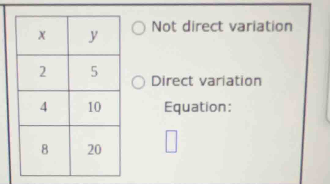 x | y 2 | 5 4 | 10 8 | 20 ○ not direct variation ○ direct variation equ…