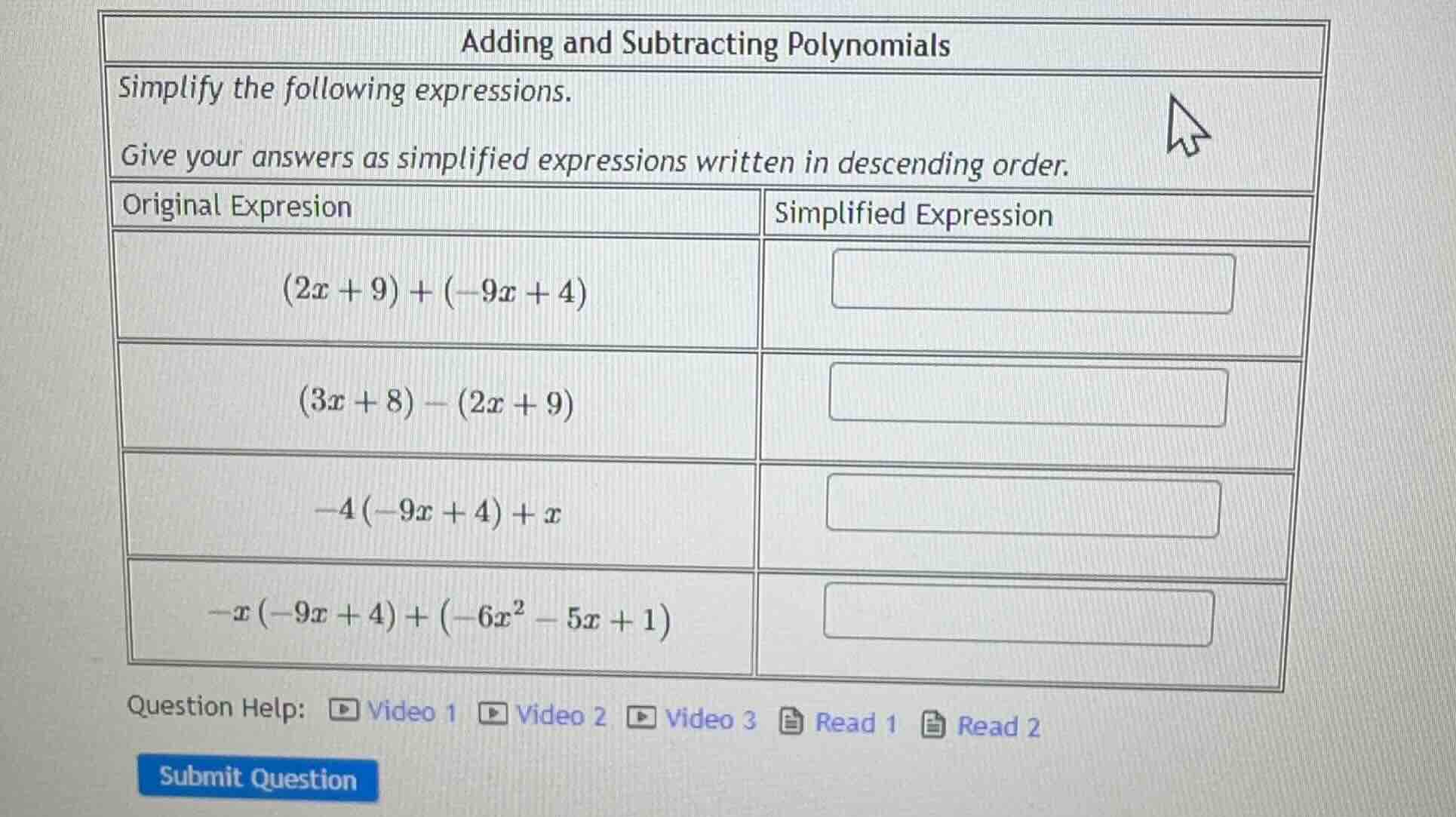 adding and subtracting polynomials simplify the following expressions. …