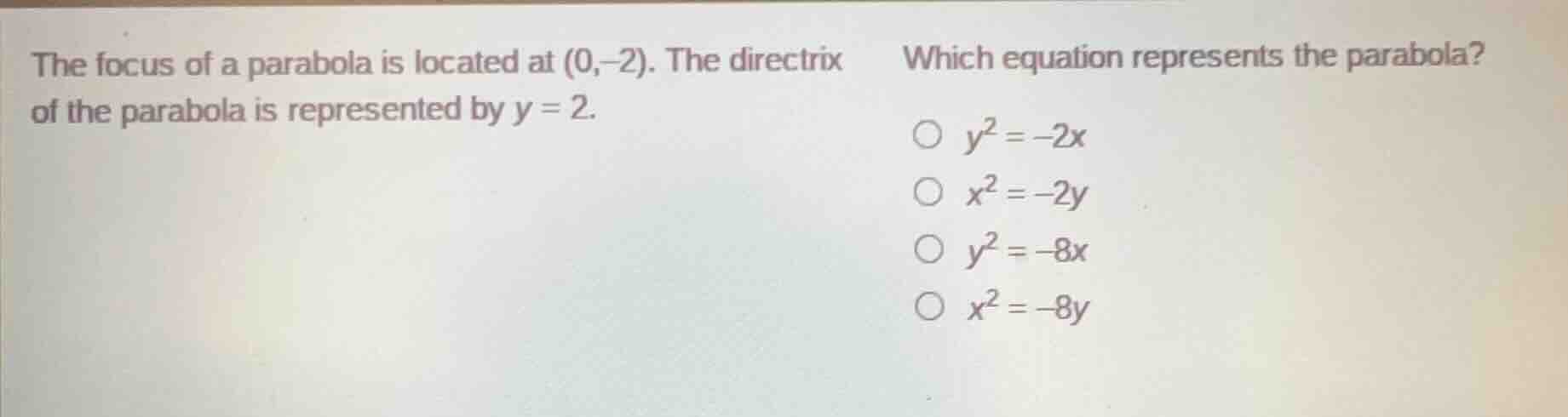 the focus of a parabola is located at (0,−2). the directrix of the para…