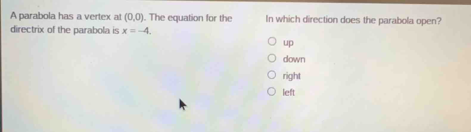 a parabola has a vertex at (0,0). the equation for the directrix of the…