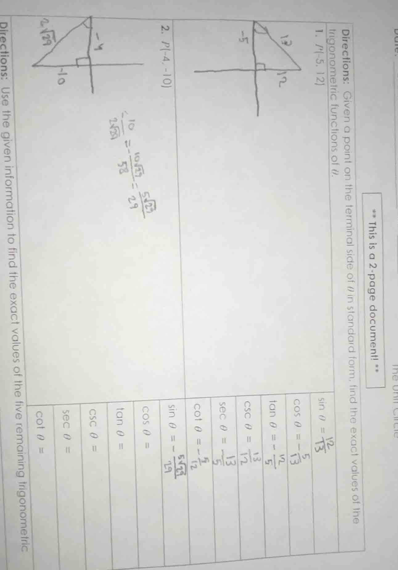 ** this is a 2 - page document!! ** directions: given a point on the te…