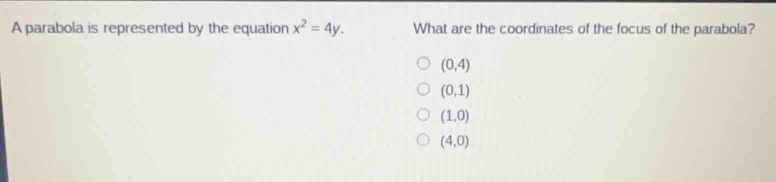 a parabola is represented by the equation $x^2 = 4y$. what are the coor…