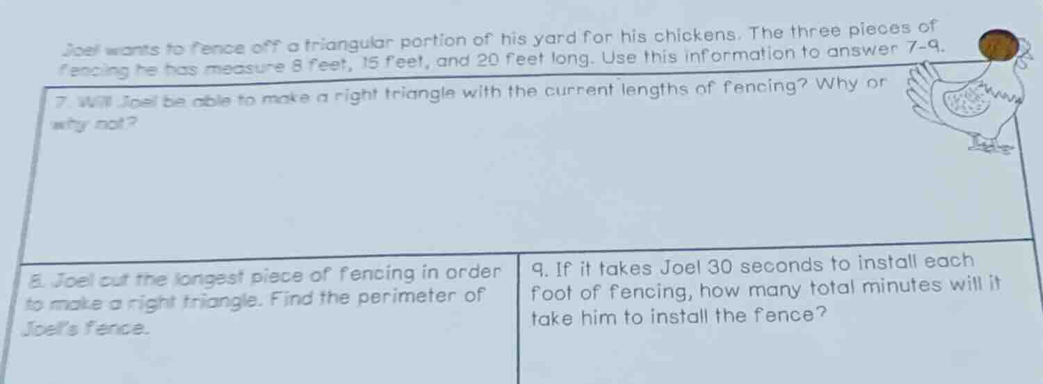 joel wants to fence off a triangular portion of his yard for his chicke…