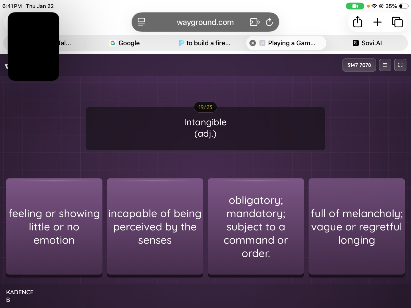 intangible (adj.) feeling or showing little or no emotion incapable of …