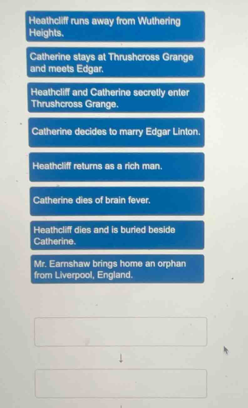 heathcliff runs away from wuthering heights. catherine stays at thrushc…