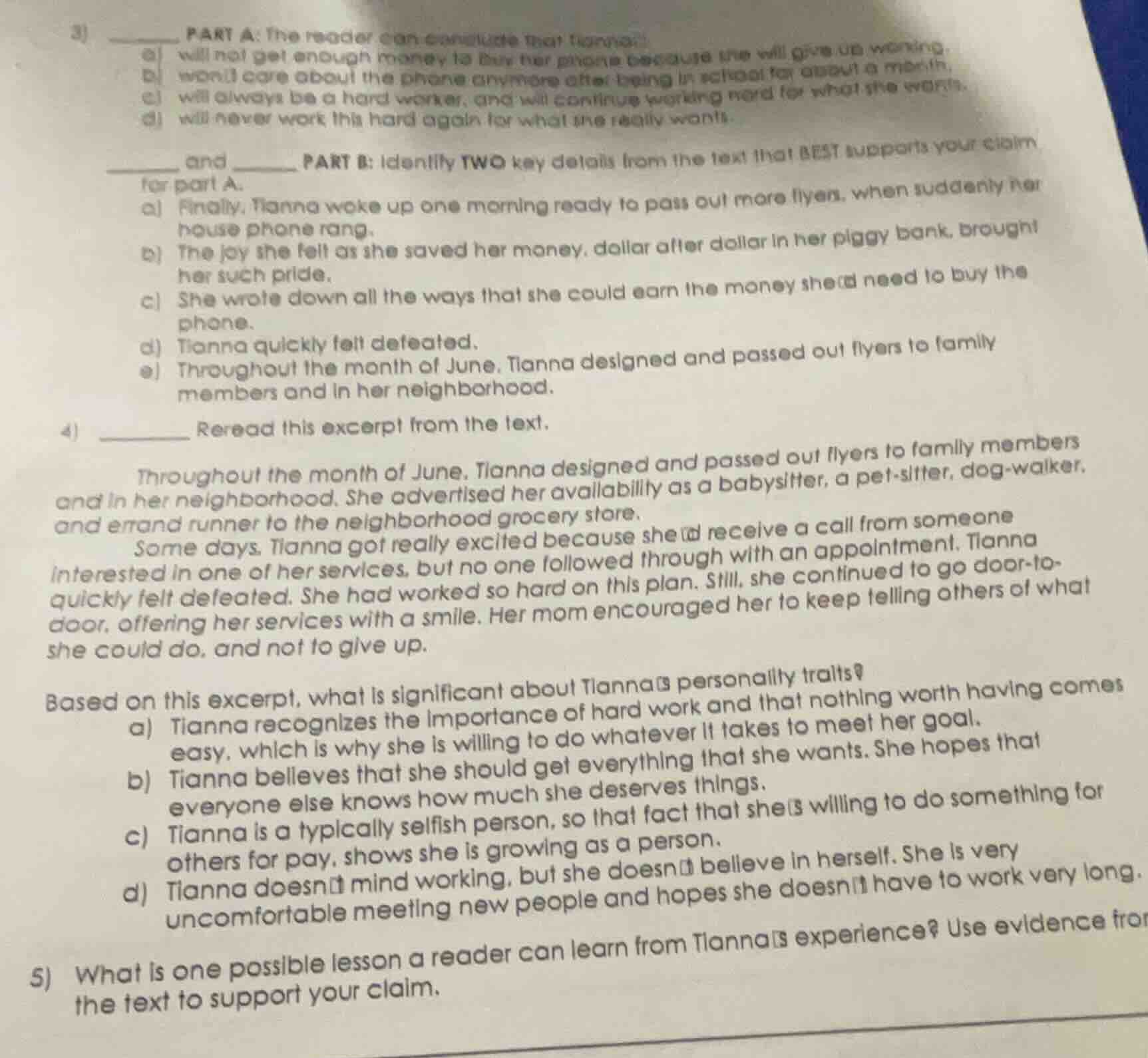 3) ______ part a: the reader can conclude that tianna... a) will not ge…