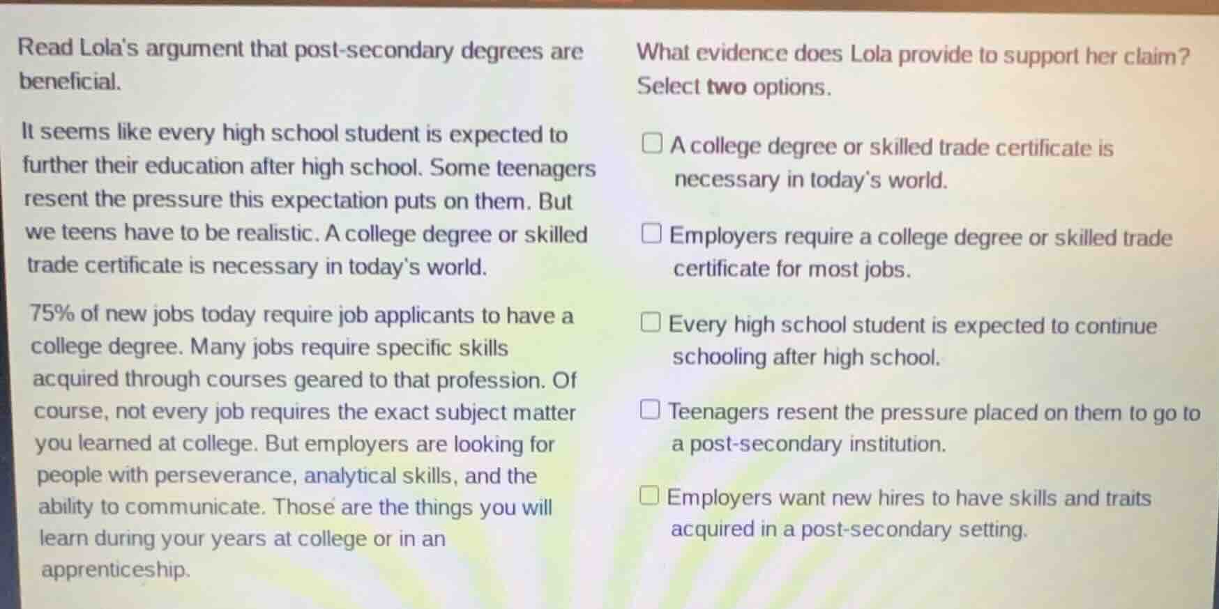 read lolas argument that post-secondary degrees are beneficial. it seem…