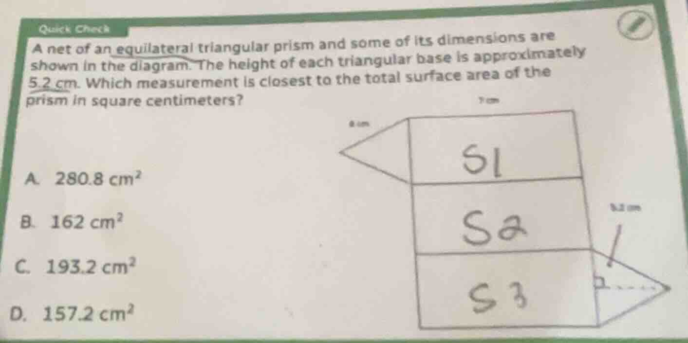 quick check a net of an equilateral triangular prism and some of its di…