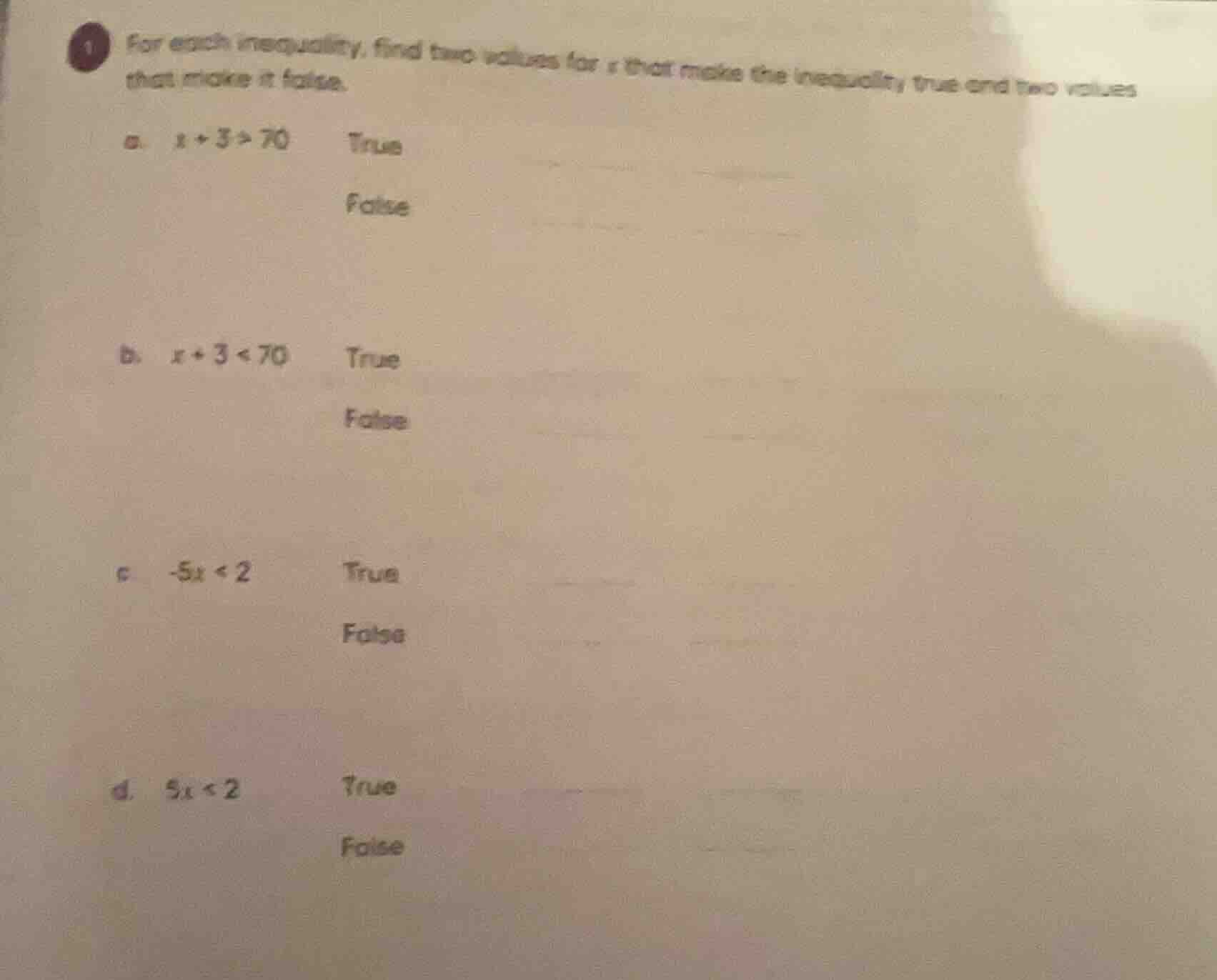 1 for each inequality, find two values for x that make the inequality t…
