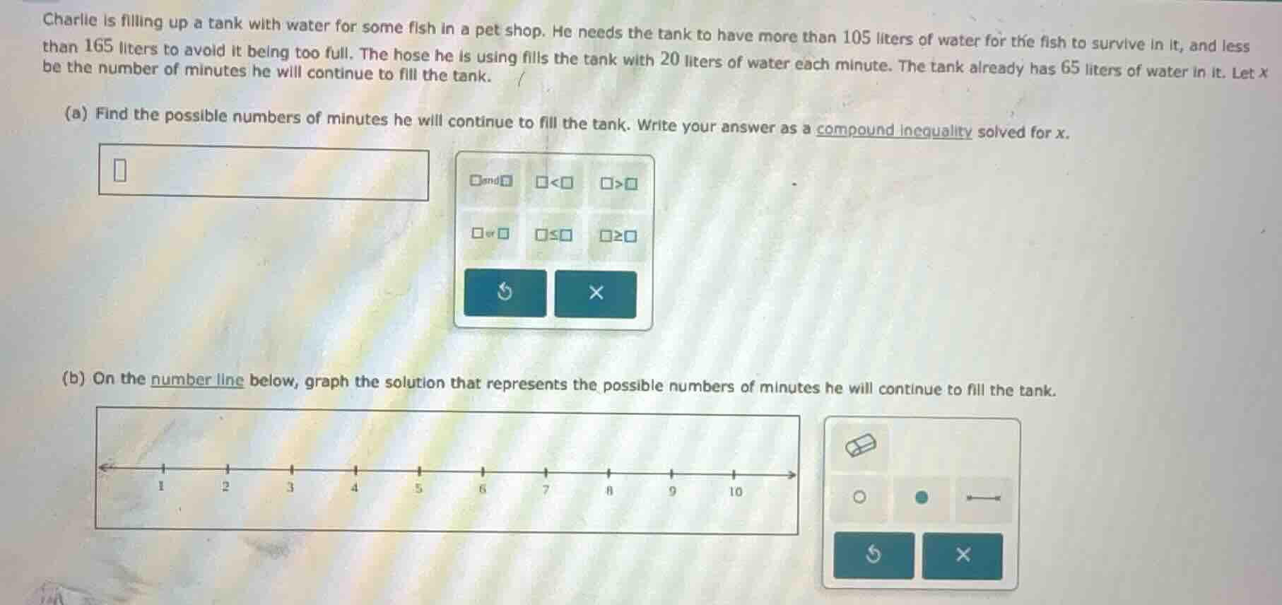 charlie is filling up a tank with water for some fish in a pet shop. he…
