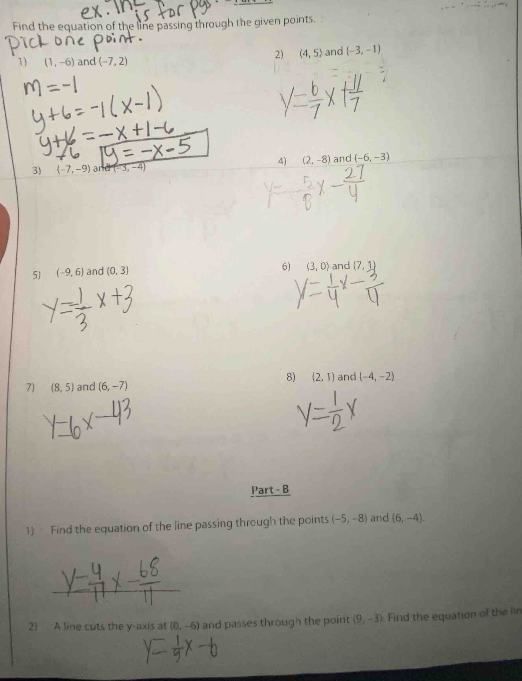 find the equation of the line passing through the given points. 1) (1, …