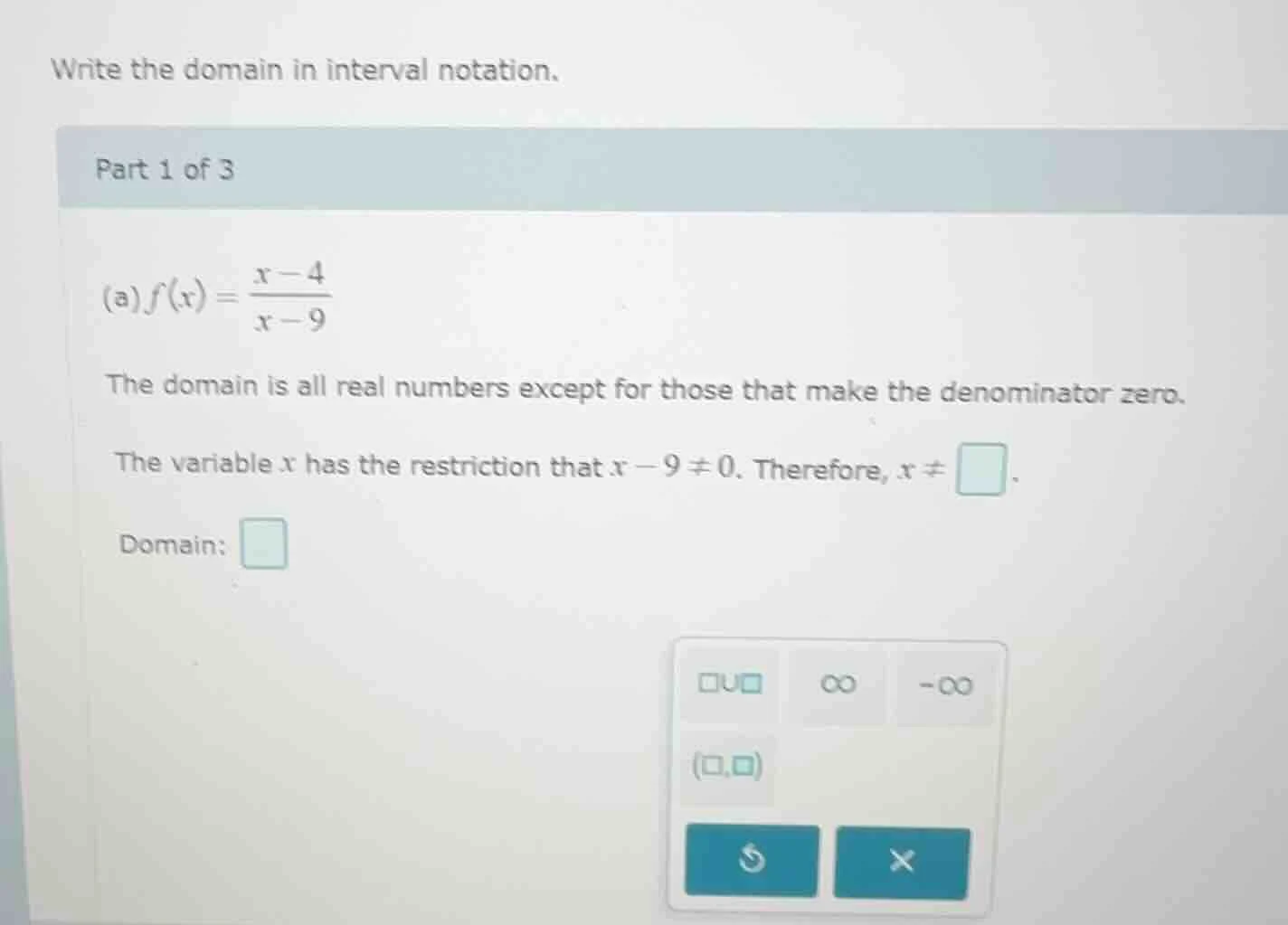 write the domain in interval notation. part 1 of 3 (a) $f(x) = \\frac{x…