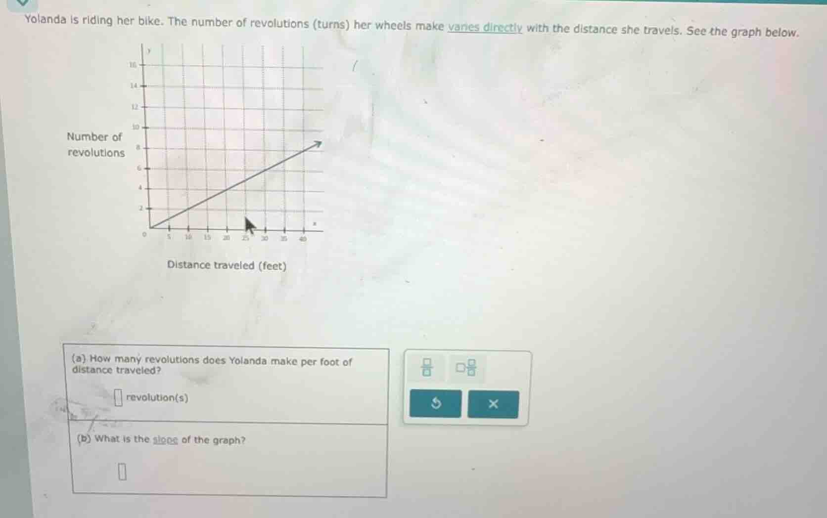 yolanda is riding her bike. the number of revolutions (turns) her wheel…