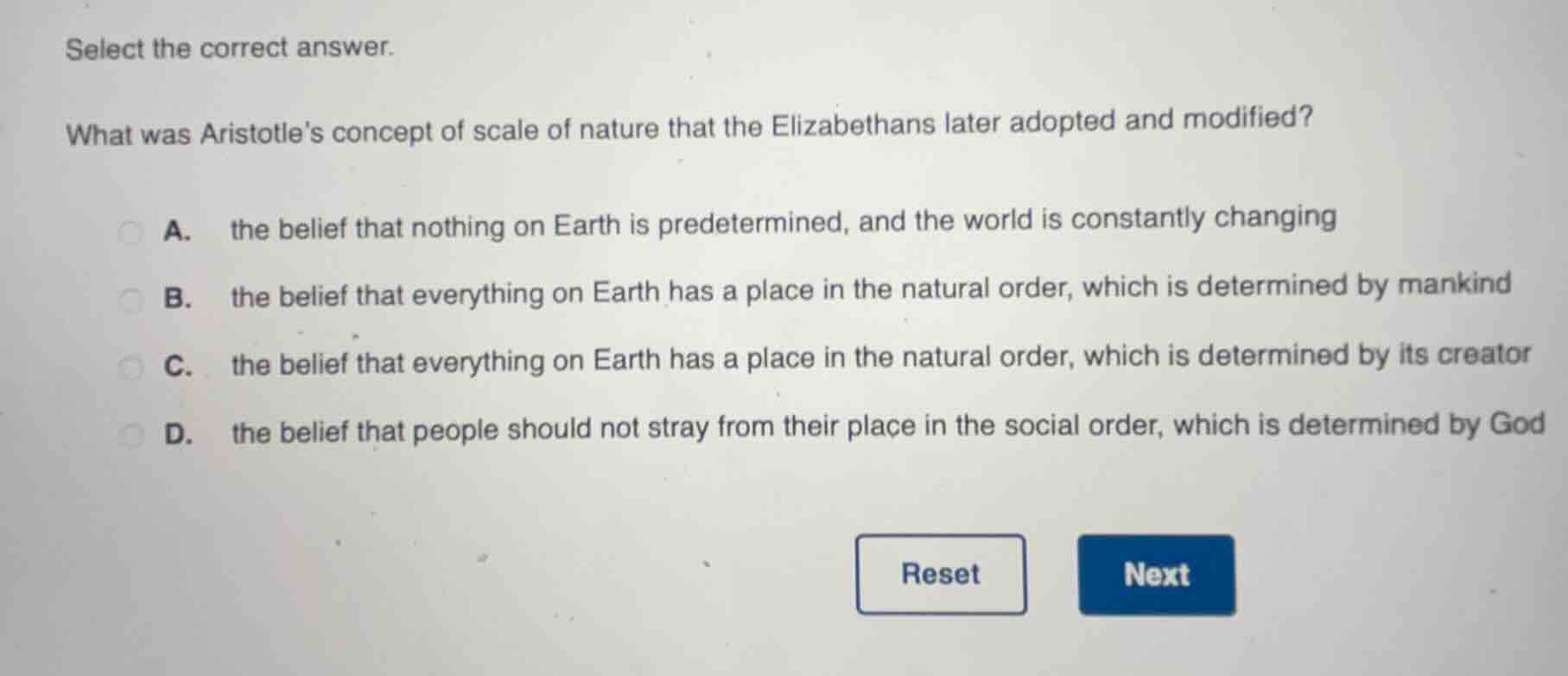 select the correct answer. what was aristotles concept of scale of natu…