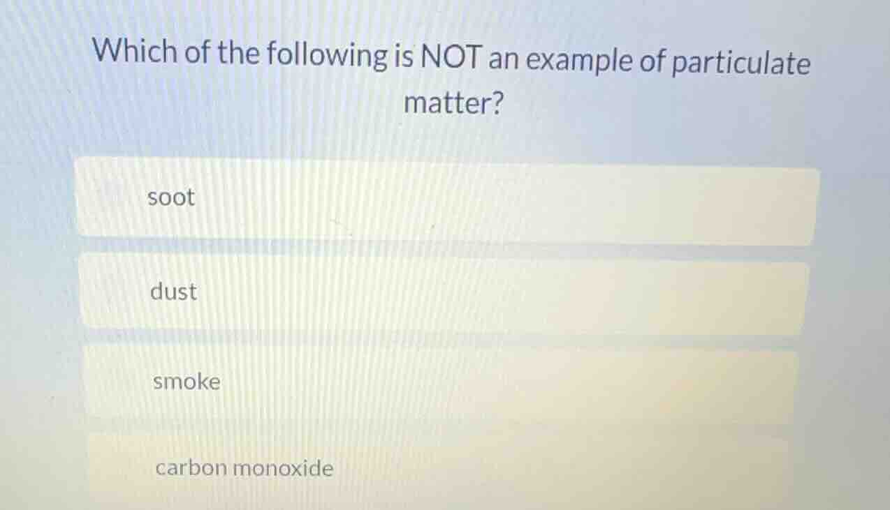 which of the following is not an example of particulate matter? soot du…