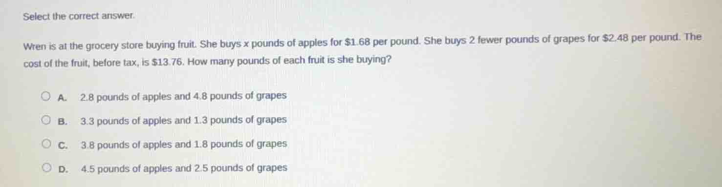 select the correct answer. wren is at the grocery store buying fruit. s…