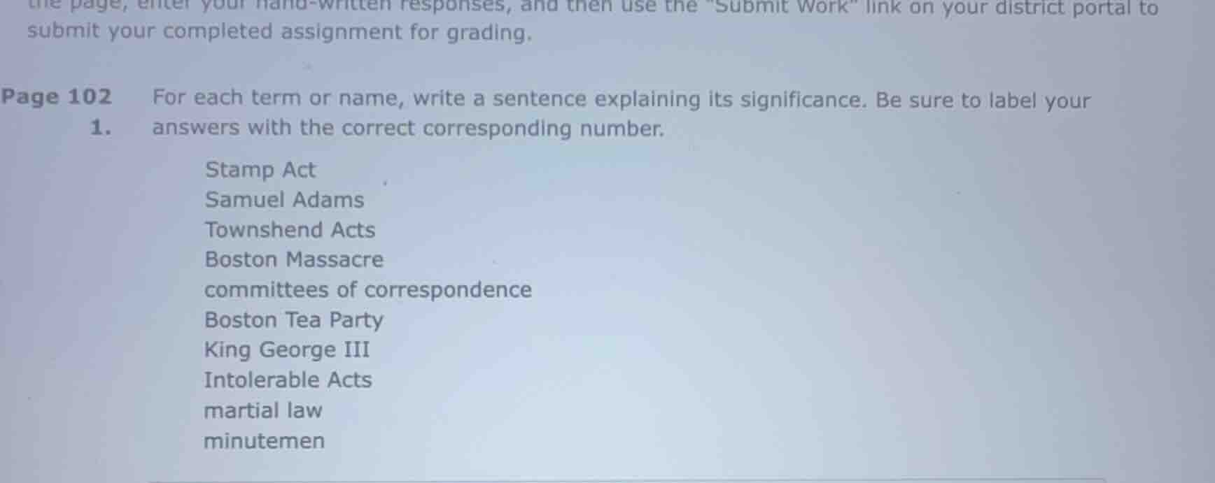 page 102 1. for each term or name, write a sentence explaining its sign…