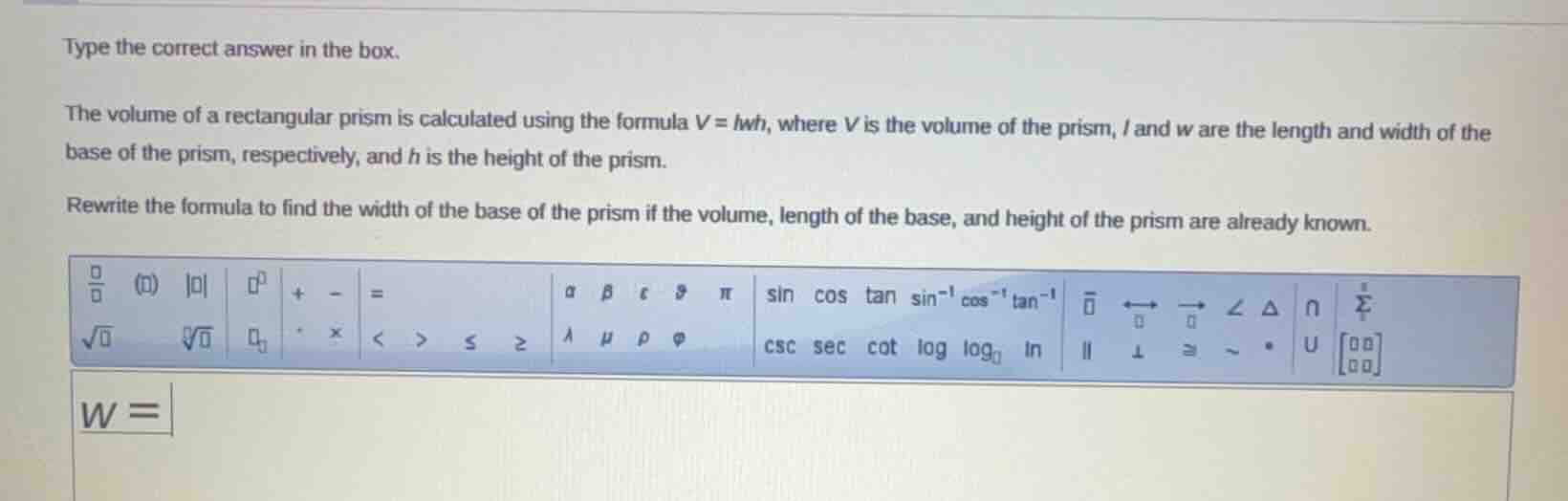 type the correct answer in the box. the volume of a rectangular prism i…