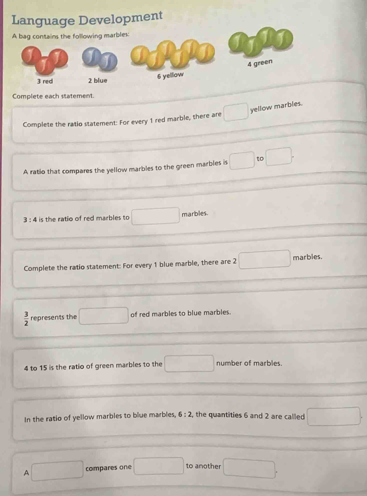 language development a bag contains the following marbles: complete eac…