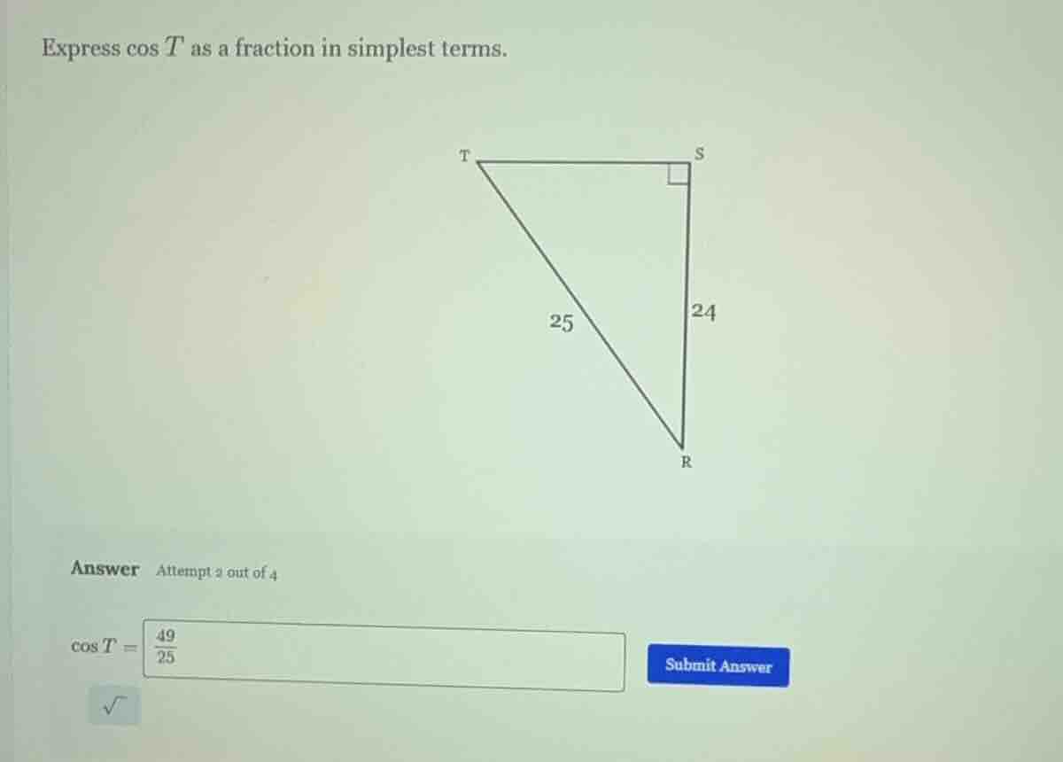 express \\(\\cos t\\) as a fraction in simplest terms.