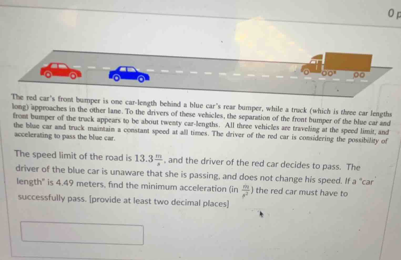 the red cars front bumper is one car - length behind a blue cars rear b…