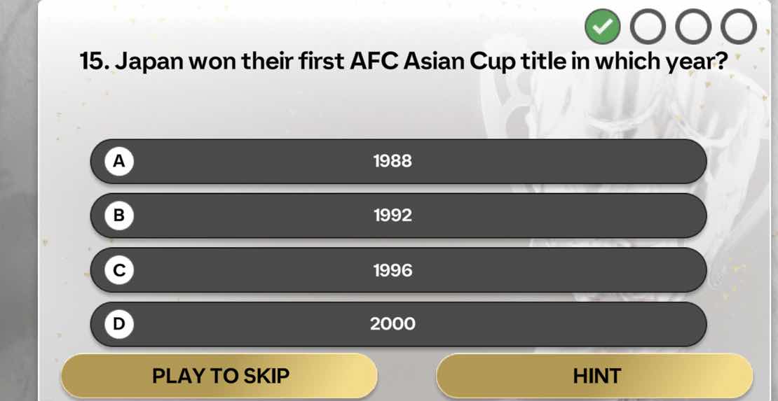 15. japan won their first afc asian cup title in which year? a 1988 b 1…