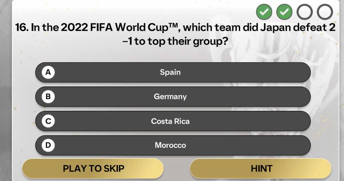16. in the 2022 fifa world cup™, which team did japan defeat 2 –1 to to…